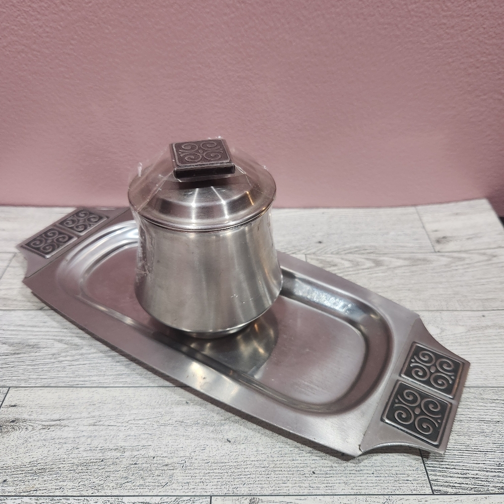 Vintage Rogers Insilco Fashion Stainless Steel Sugar Container And Tray